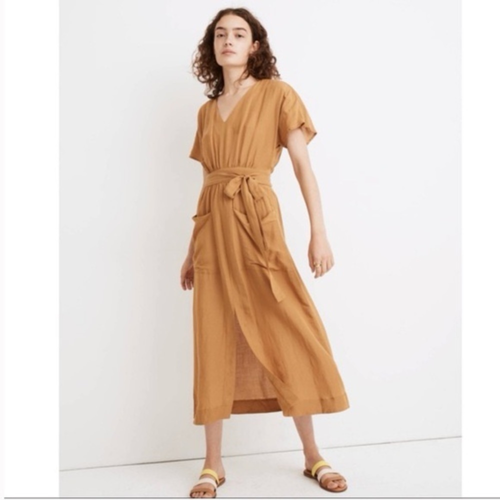 Madewell Mustard Linen Midi Dress Tie Waist Pockets Farmers Market Cottagecore